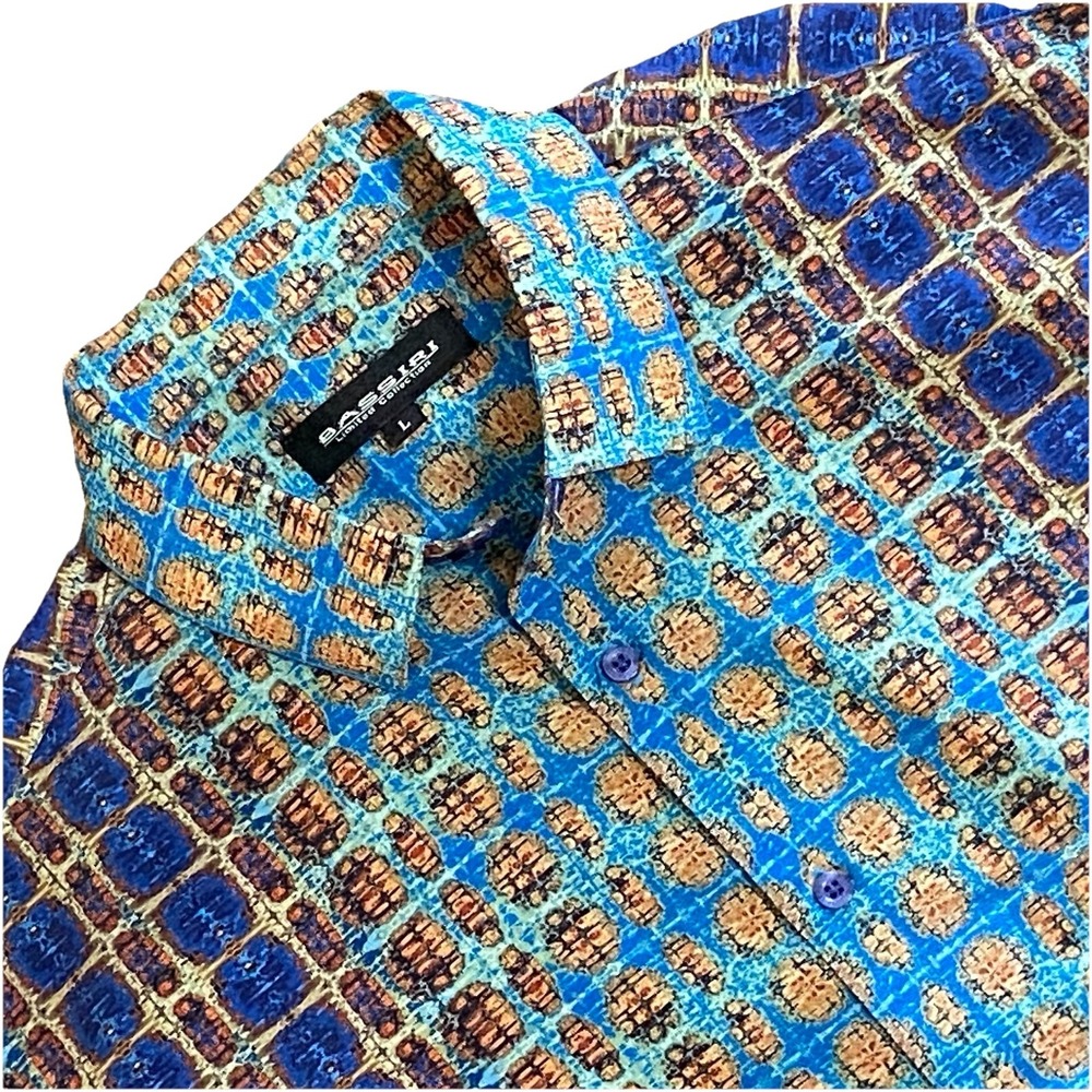 Bassiri Mens L Geometric Retro Shirt Dad Core Vintage/90's Style‎ Statement Blue